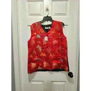 Chico's Design Asian Style Vest Bright Red All Over Print Button‎ Front Size 3